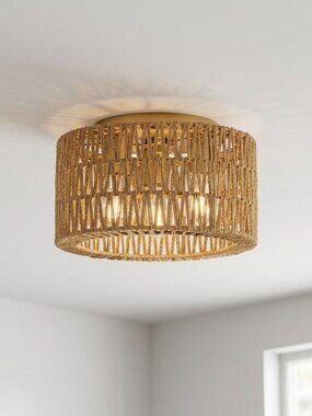 Rattan Ceiling Light Fixture 3-Light Bohemian Modern Woven Ceiling Boho 12.5"